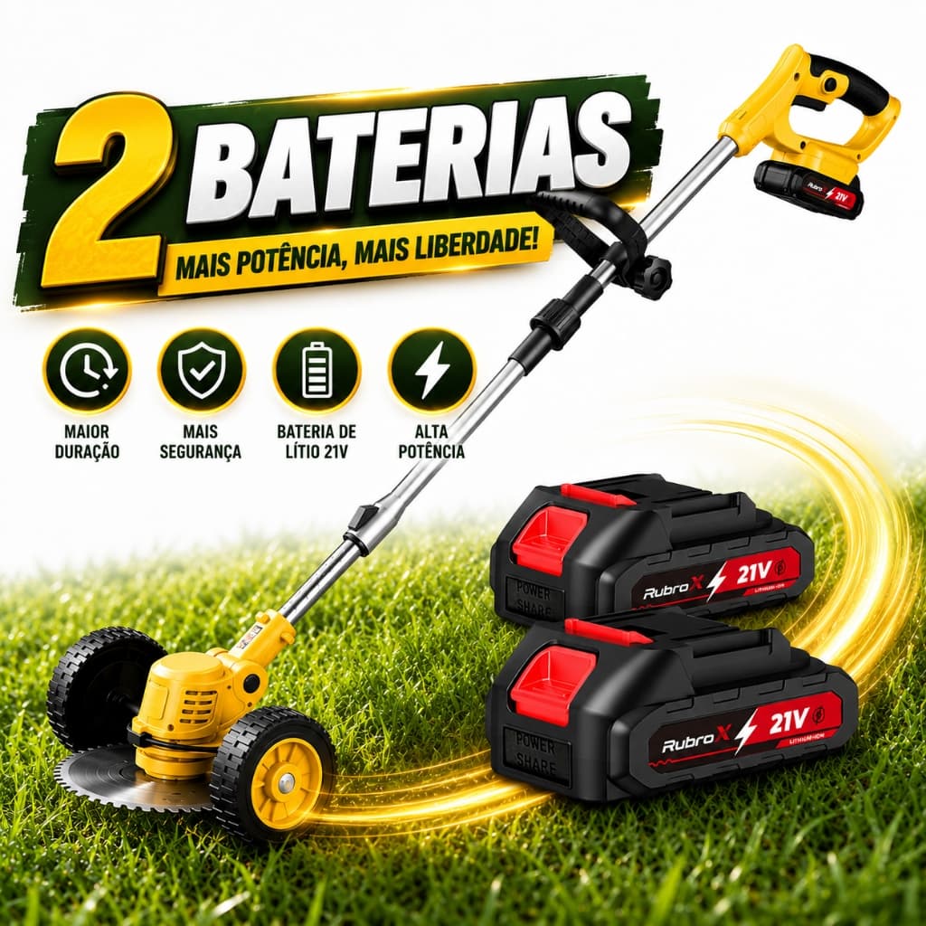Cortador Grama Sem Fio RubroX 21V, Motor Cobre 20000RPM, 4 Lâminas Mato Alto, Bateria Dupla 90min