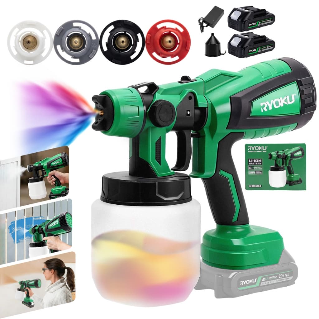 Pistola De Pintura Elétrica Sem Fio RYOKU 20V 1000ml Com 2 Baterias E 4 Bicos De Cobre Ajustáveis