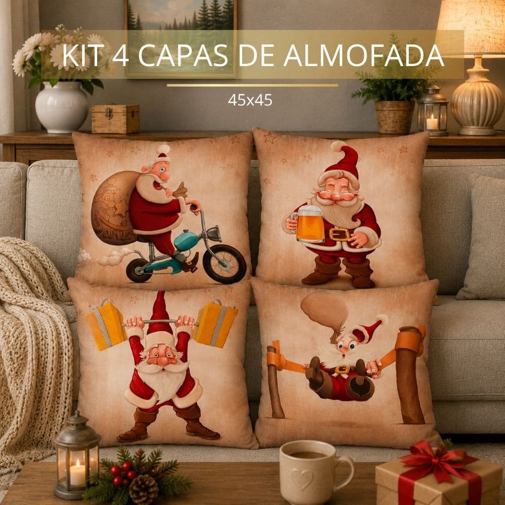 Kit com 4 Capas para Almofadas Decorativas Natal Papai Noel Decorativo 45x45 cm