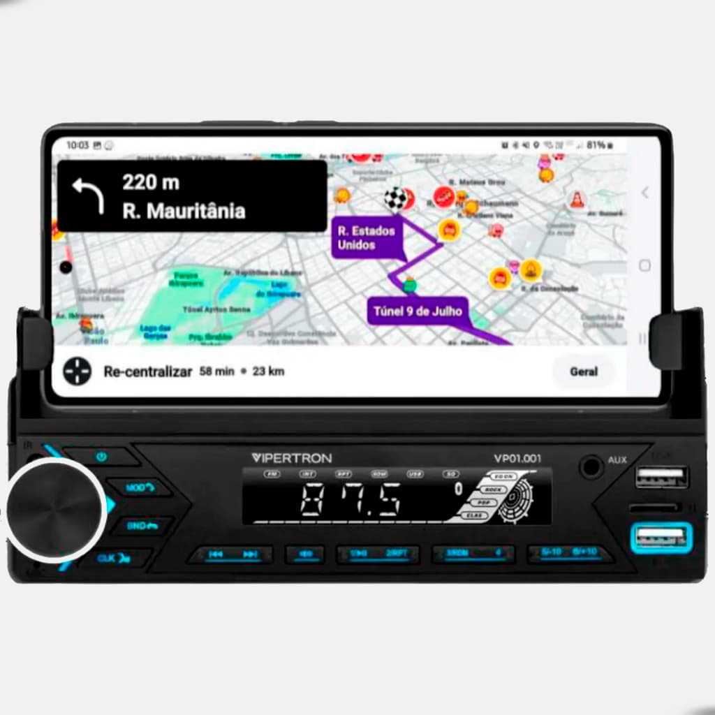 Som Automotivo Vipertron VP01 4x45W RMS Bluetooth Multicolor USB Carregador Entrada SD Auxiliar Controle Slim