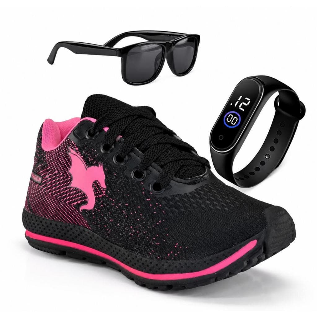 Kit Tênis Casual Infantil Meninas Preto Pink SL Óculos + Relógio