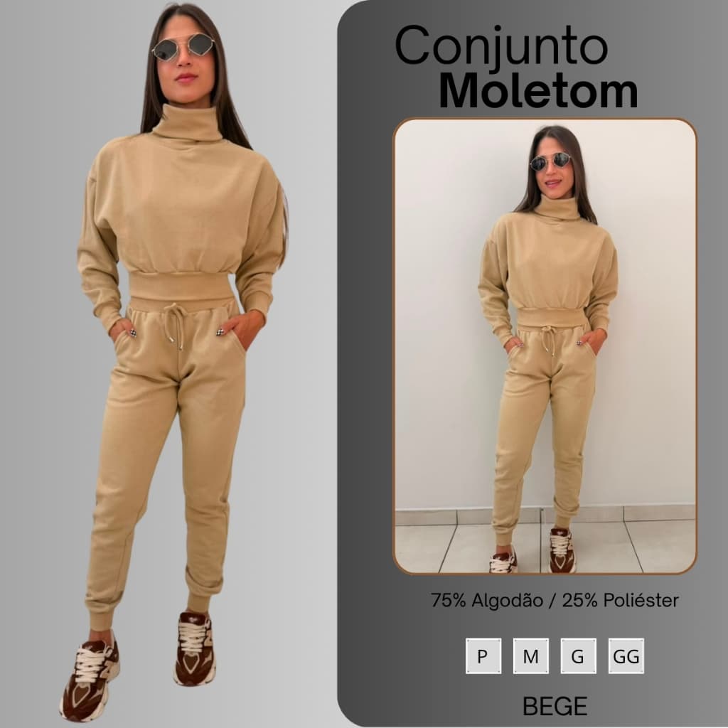 Conjunto Feminino De Moletom Calça Jogger E Cropped Gola Alta Bege Nude Creme
