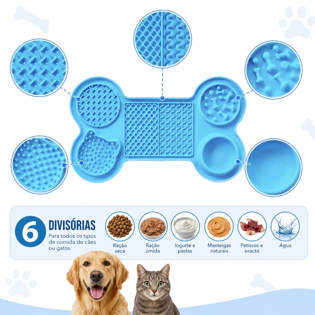 Tapete Lambedor Inibidor de Ansiedade Silicone c/ Ventosa Comedouro Lento Pet 4 Divisórias 6 Em 1