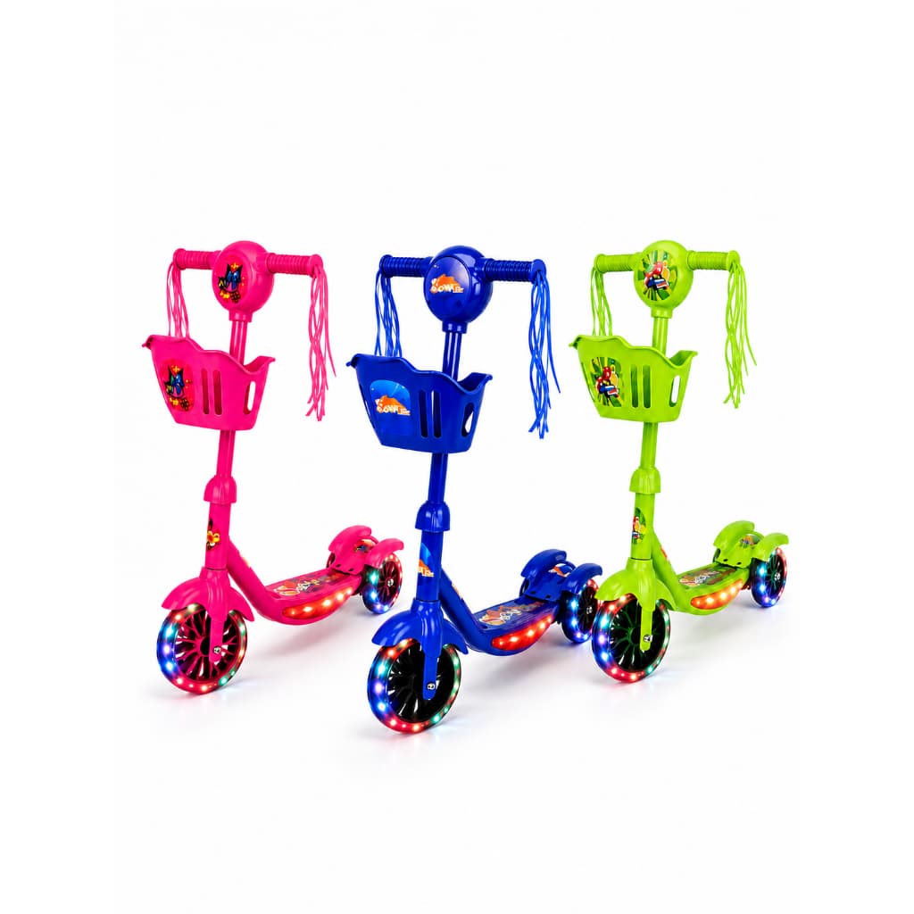 PATINETE INFANTIL MENINO MENINA 3 RODAS COM CESTINHA COM LED E GUIDÃO AJUSTAVEL