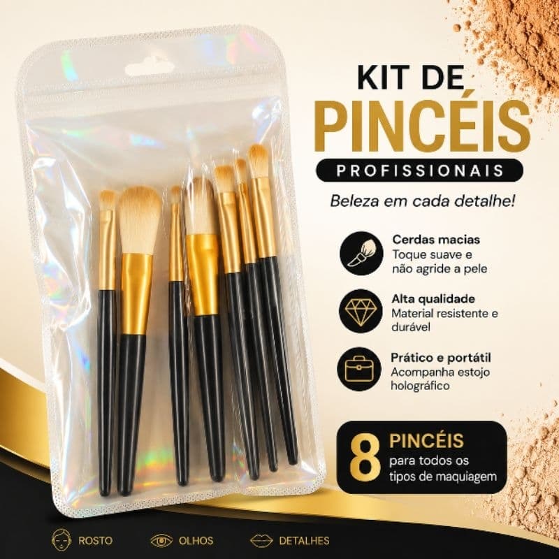 Kit 8 Pincéis para Maquiagem Profissional com Estojo Holográfico – Cerdas Macias para Base, Pó, Blush e Olhos
