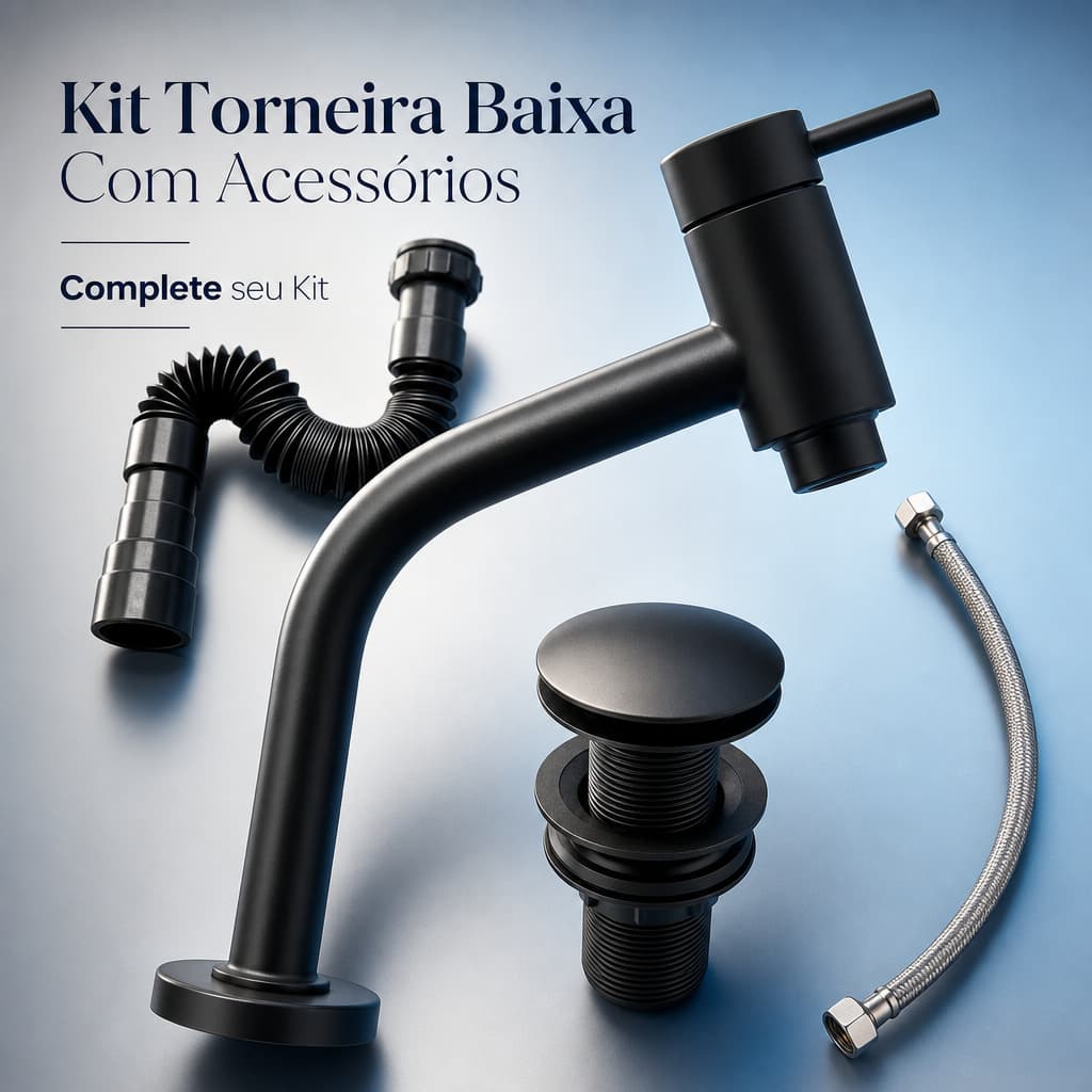 Kit Banheiro Torneira Metal Link Baixa Preta + Valvula Click + Sifao + Engate Inox - Super Luxo