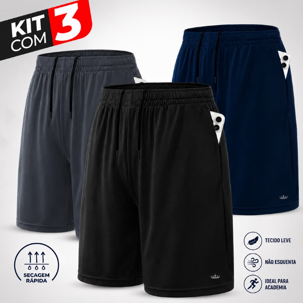 Short Bermuda Masculino Kit 3 Academia Fitness Esportivo Futebol Corrida Praia Treino com Bolsos