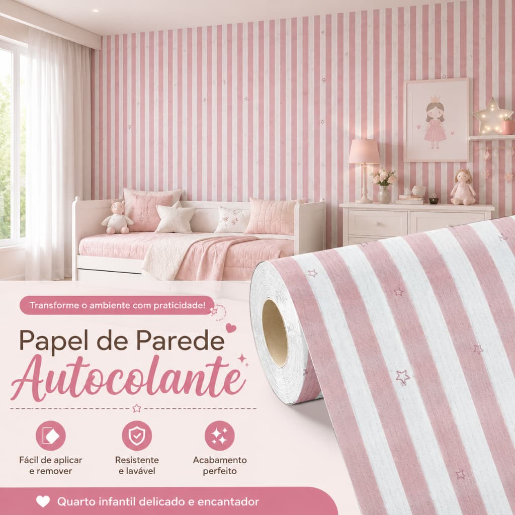 Papel de Parede Adesivo Infantil para Meninas - Quarto- Autocolante Fácil de Aplicar