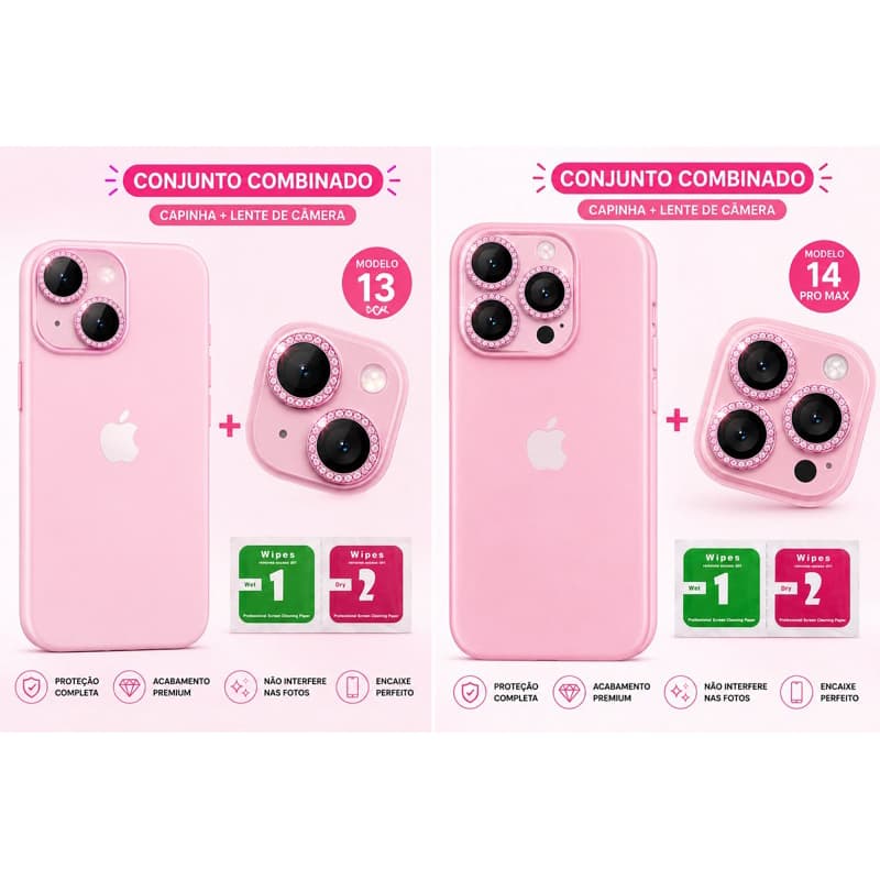 Kit Proteção Completa iPhone | Capinha Silicone Aveludada + Película Lente Diamante + Limpeza Premium