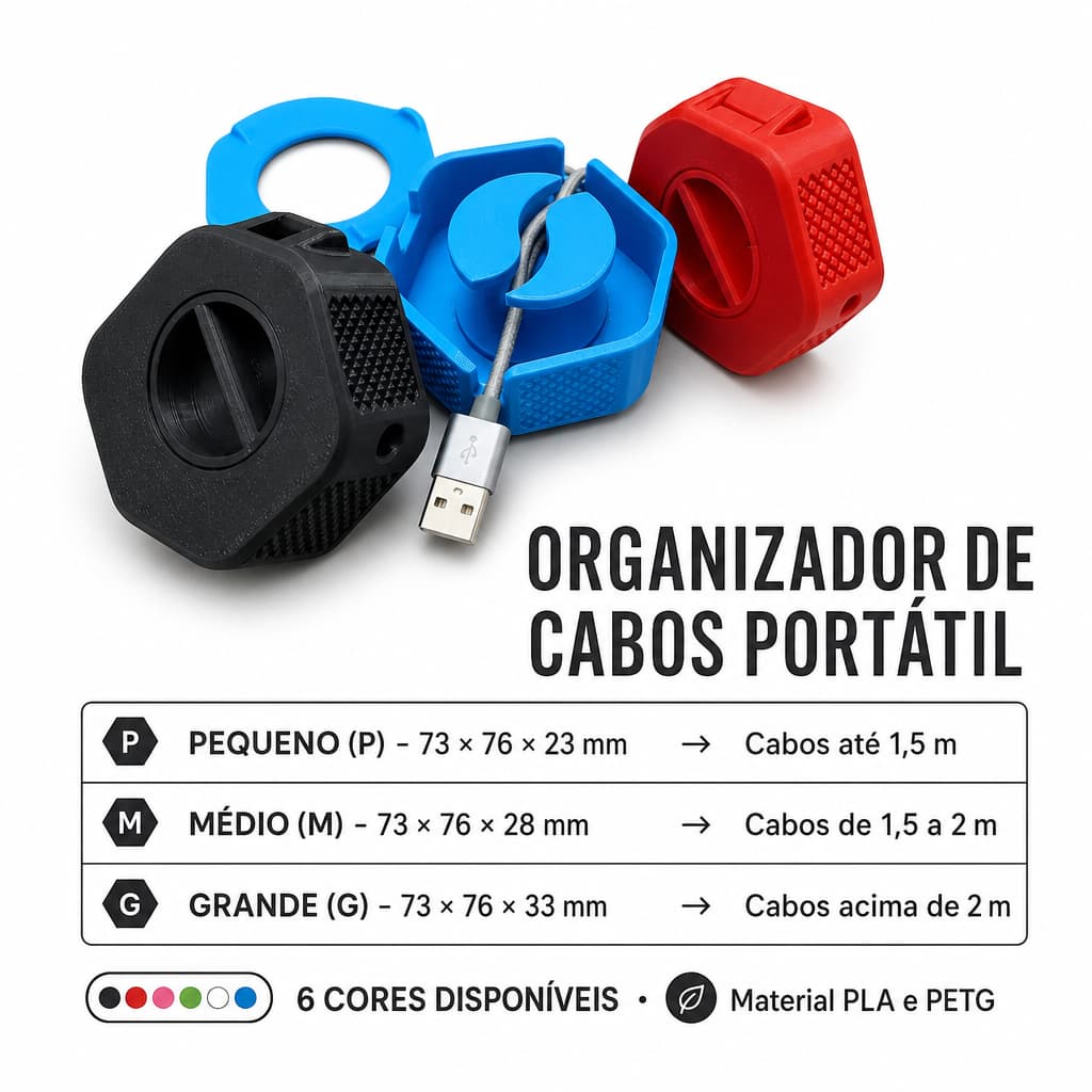 Organizador de Cabos Fios Portátil Celular Notebook Tablet Mouse Gamer Geek - 3 Tamanhos - 6 Cores