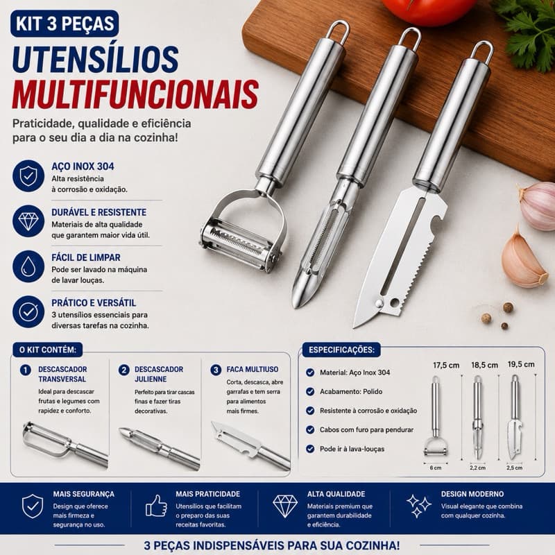 Kit 3 Descascadores Inox Legumes Frutas Escama Peixe Queijo