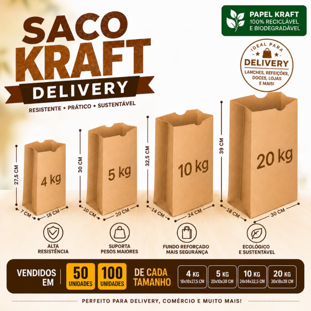 Saco Kraft Delivery Grande Hamburguer Hamburgueria Lanches Embalagem Kraft Reforçada Entrega