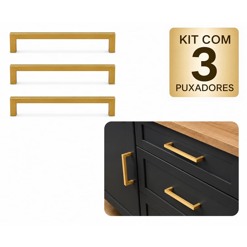 Kit 3 Puxadores Rezzo Il811 Inox Dourado Matte 224mm Moveis Armario Porta Gaveta Cozinha
