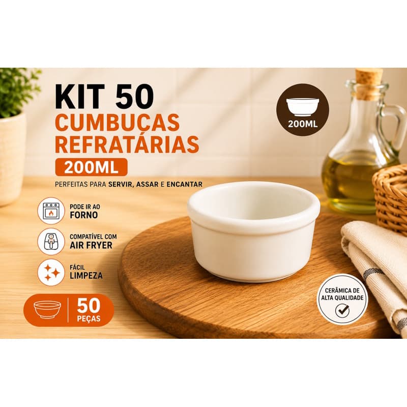 Kit 50 Cumbucas Tigela Bowl Refrataria Branca 200ml