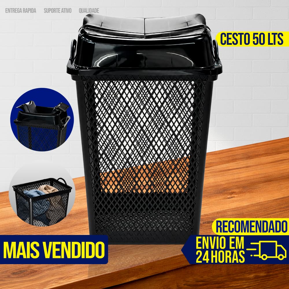 Cesto de Roupa Suja 50 Litros Telado Organizador Multiuso Com Tampa Articulada Grande Reforçado