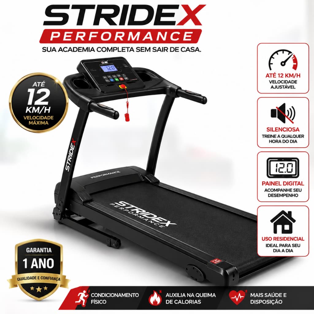 Esteira Ergométrica Residencial Alta Performance Velocidade 12kmh Placa Digital Compacta Fitness