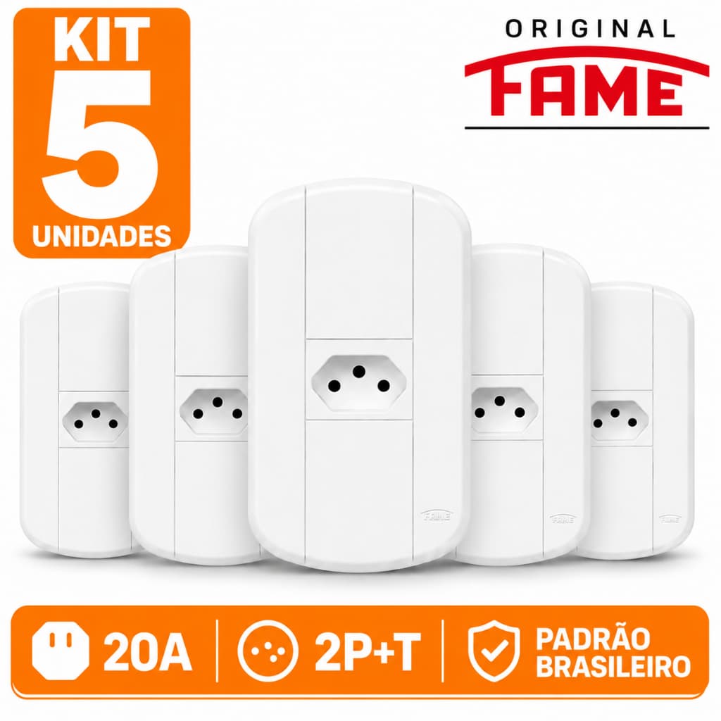Kit 5 Tomada 20A Fame Blanc Original 2P+T Padrão Brasileiro Alta Potência Branca