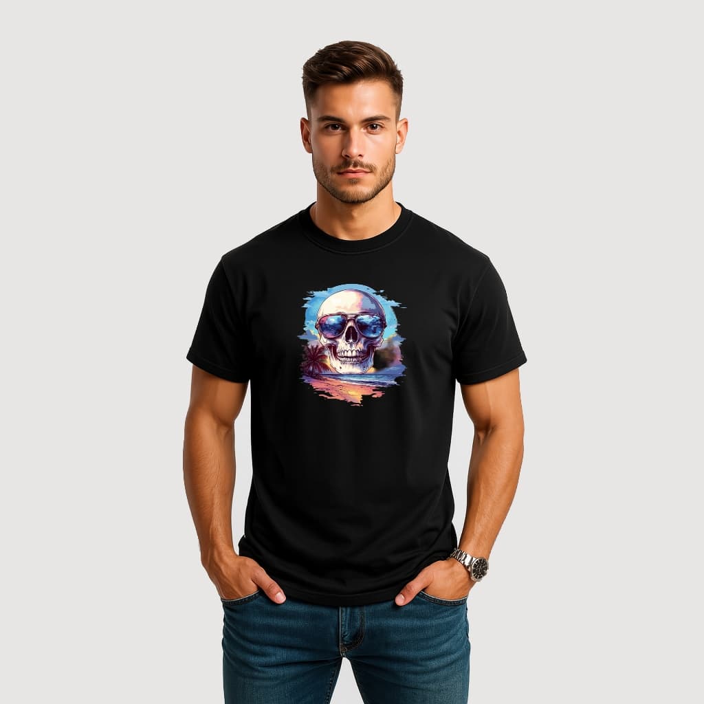 CAMISETA MASCULINA ALGODÃO CAVEIRA OCULOS PRAIA TROPICAL VERAO MULTICOLORIDO PASTEL