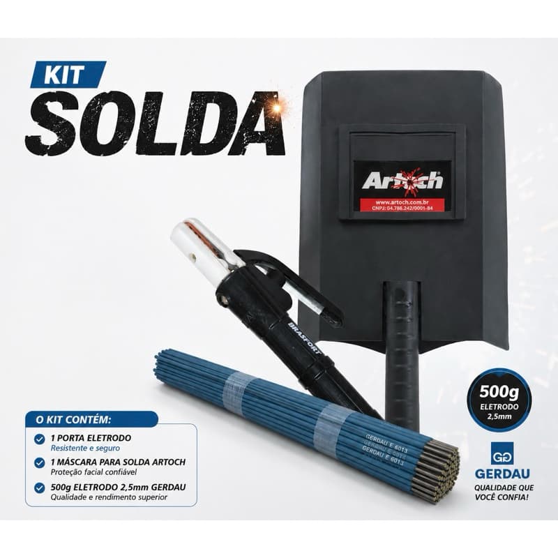 Kit Solda Completo Máscara Artoch + Porta Eletrodo Brasfort + 500g Eletrodo Gerdau 2,5mm
