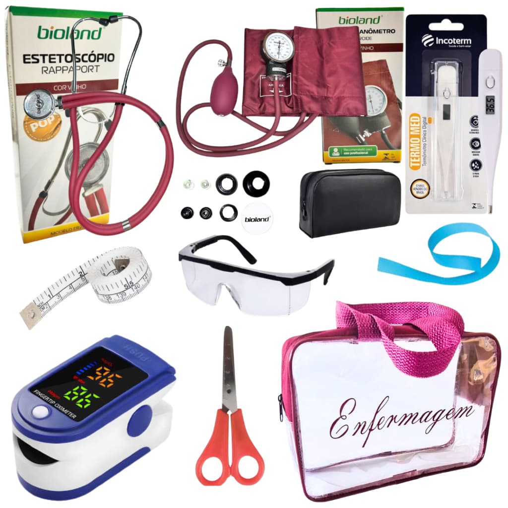 Kit Enfermagem Aparelho de Pressão + Estetoscópio Completo + Oximetro + Vinho - ROSA - Preto