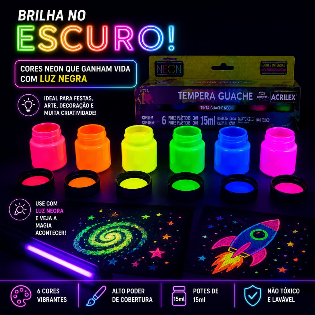 Tinta Guache Neon Com 6 Cores 15ml Acrilex