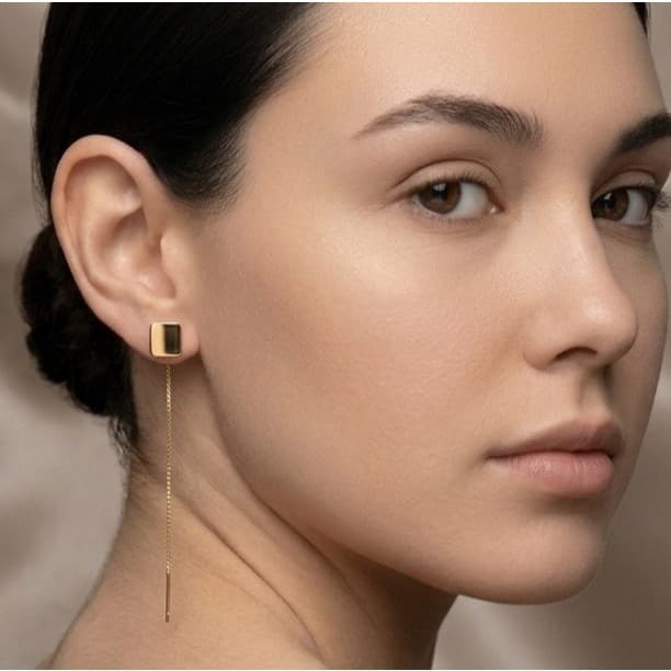 Brinco Feminino Fio Longo Veneziano Passante Base Quadrada Minimalista Delicado Moderno Dourado - Prateado.