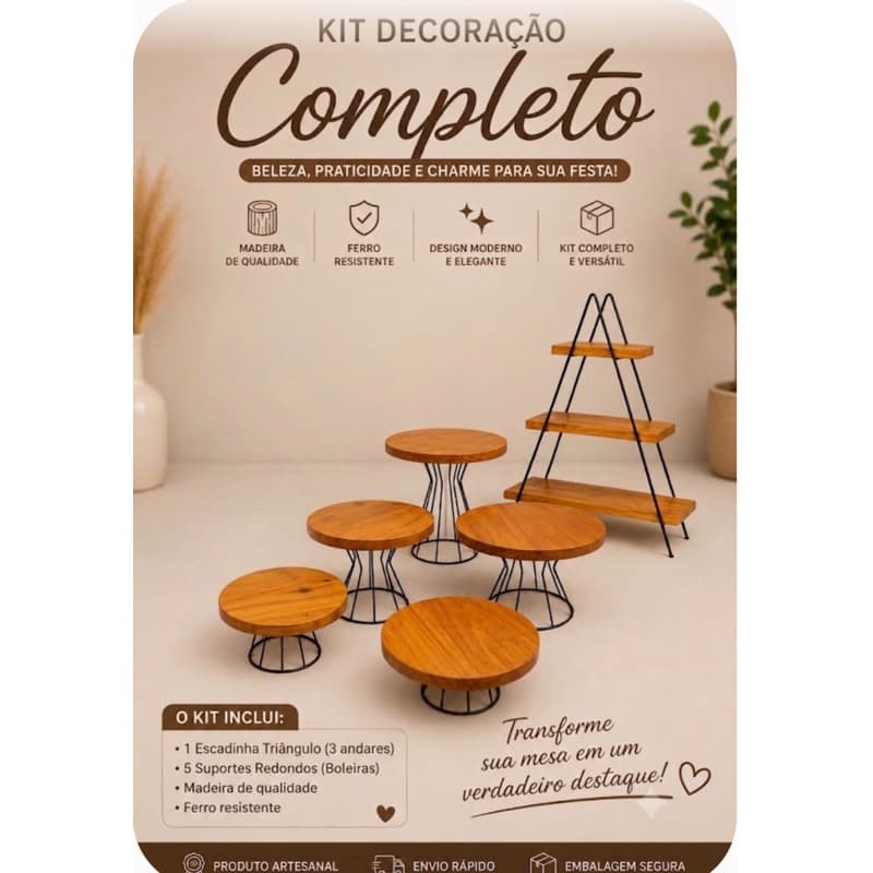 Kit Boleiras Redondas com Escadinha – Madeira Pinus e Metal Dourado (6 peças)