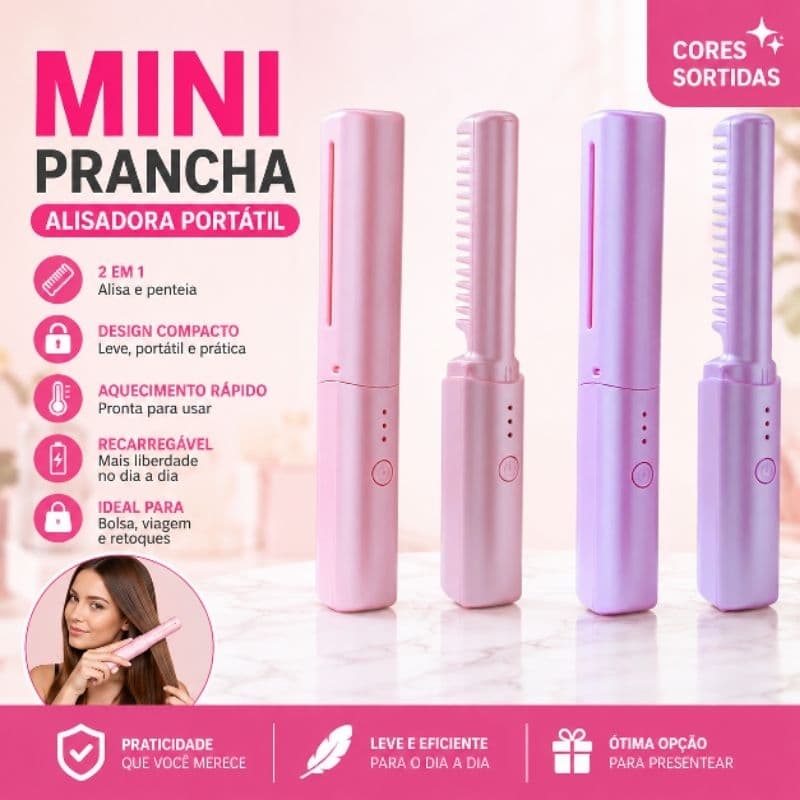 Mini Pente Alisador Elétrico Portátil Bivolt USB-C Temperatura Ajustável 160° a 220°C Anti Frizz