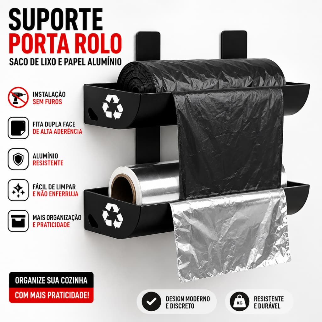 Porta Rolo Organizador de Sacos Plásticos e Papel Alumínio | Instalação com Adesivo