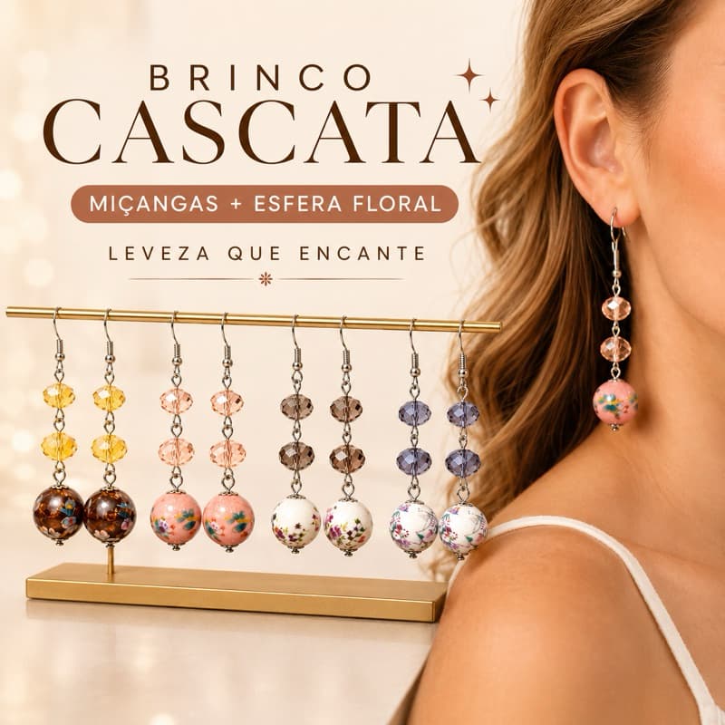 Brinco Pendente Cascata com Miçangas e Esfera Floral - Acessório feminino Delicado