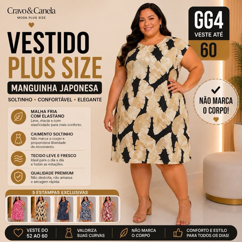 Vestido Plus Size GG4 Veste até 60 Manguinha Japonesa Não Marca o Corpo Malha Fria com Elastano