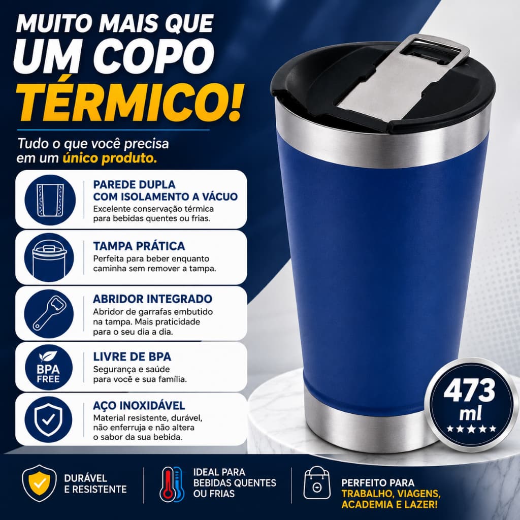 Copo Térmico Inox 473ml com Tampa e Abridor Parede Dupla a Vácuo Mantém Bebidas Quentes e Geladas