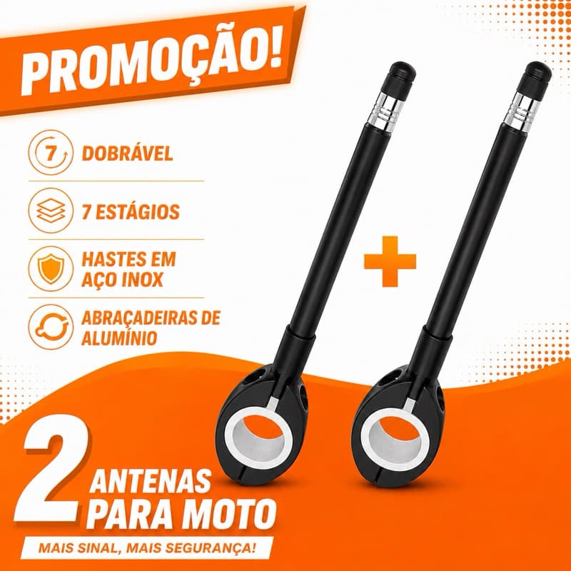 kit 2 Antenas Corta Pipa Moto Preta Retrátil 7 Estágios Aço Inox Universal