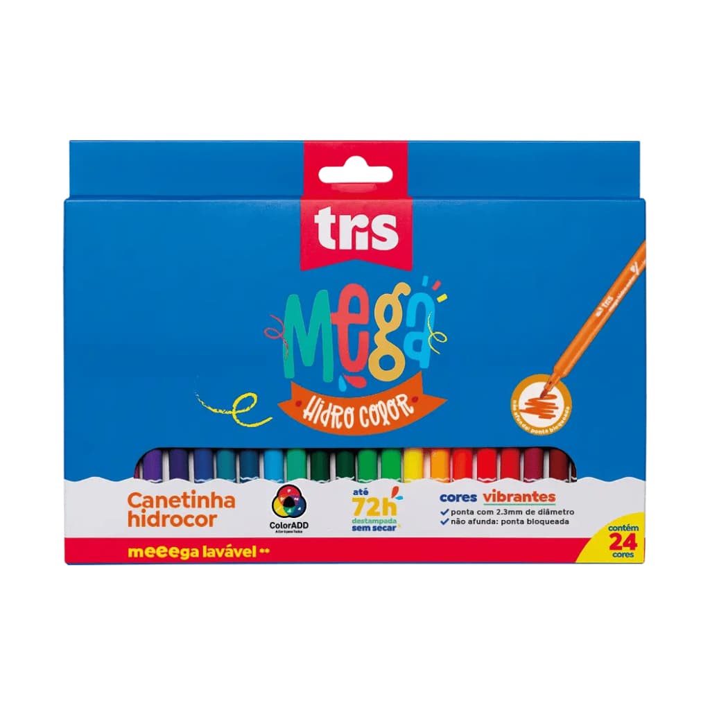 Canetinha Hidrocor Tris Mega 24 Cores Lavável Escolar