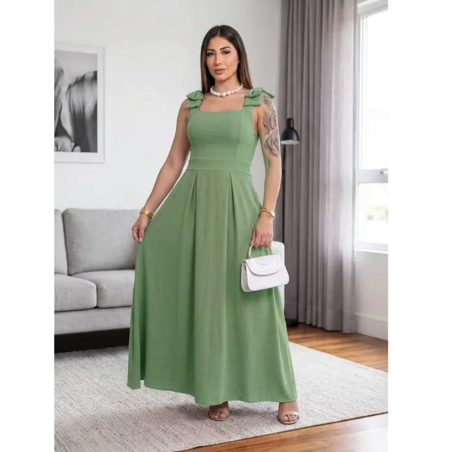 VESTIDO LONGO E TEM BOJO LAÇO NO OMBRO E ELASTEX NAS COSTAS TECIDO DUNA MODA FEMININA