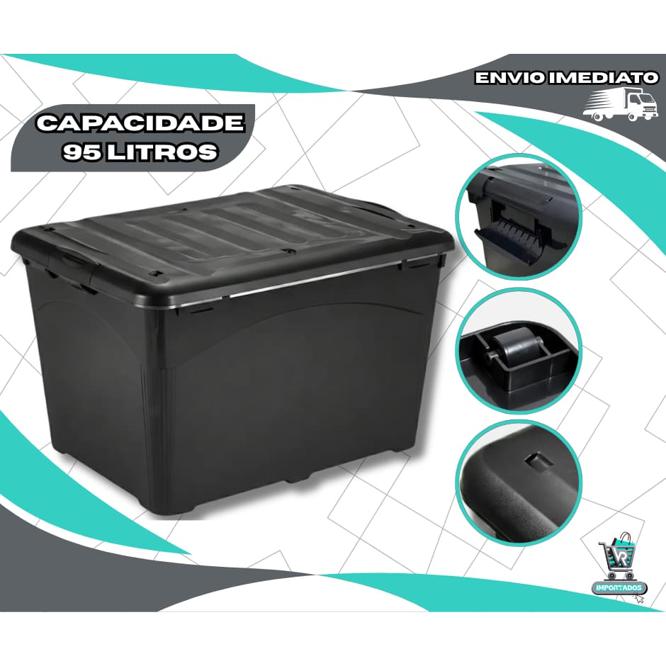 Caixa Organizadora Grande 95 Litros Preta Tampa Trava Rodinha Transporte Empalhável HeavyBox Reforçada