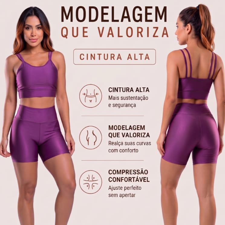 Conjunto Top+Short Bojo Fitness Alta Compressão Cintura Alta Zero Transparência Academia Treino