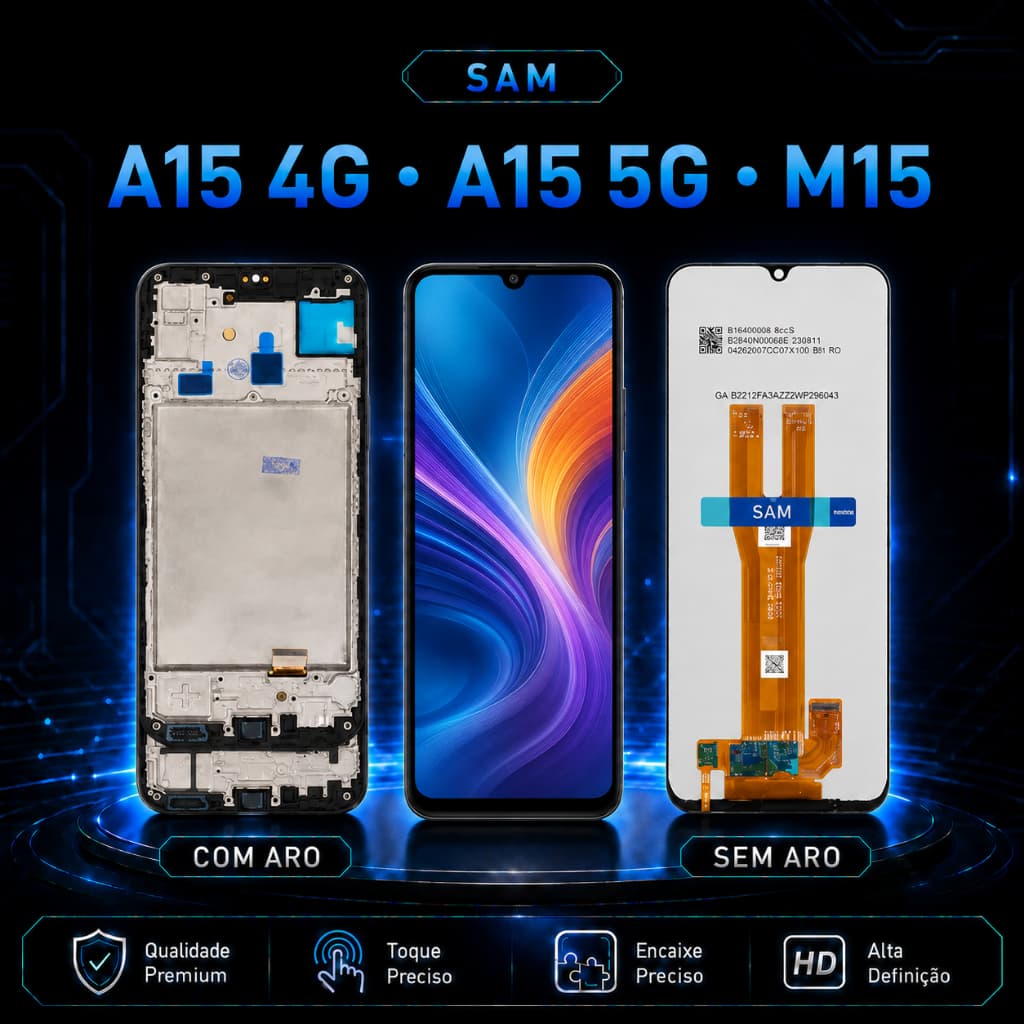 Display Frontal LCD/OLED para Galaxy A15 4G A15 5G M15, Alta Definição, Com Aro ou Sem Aro