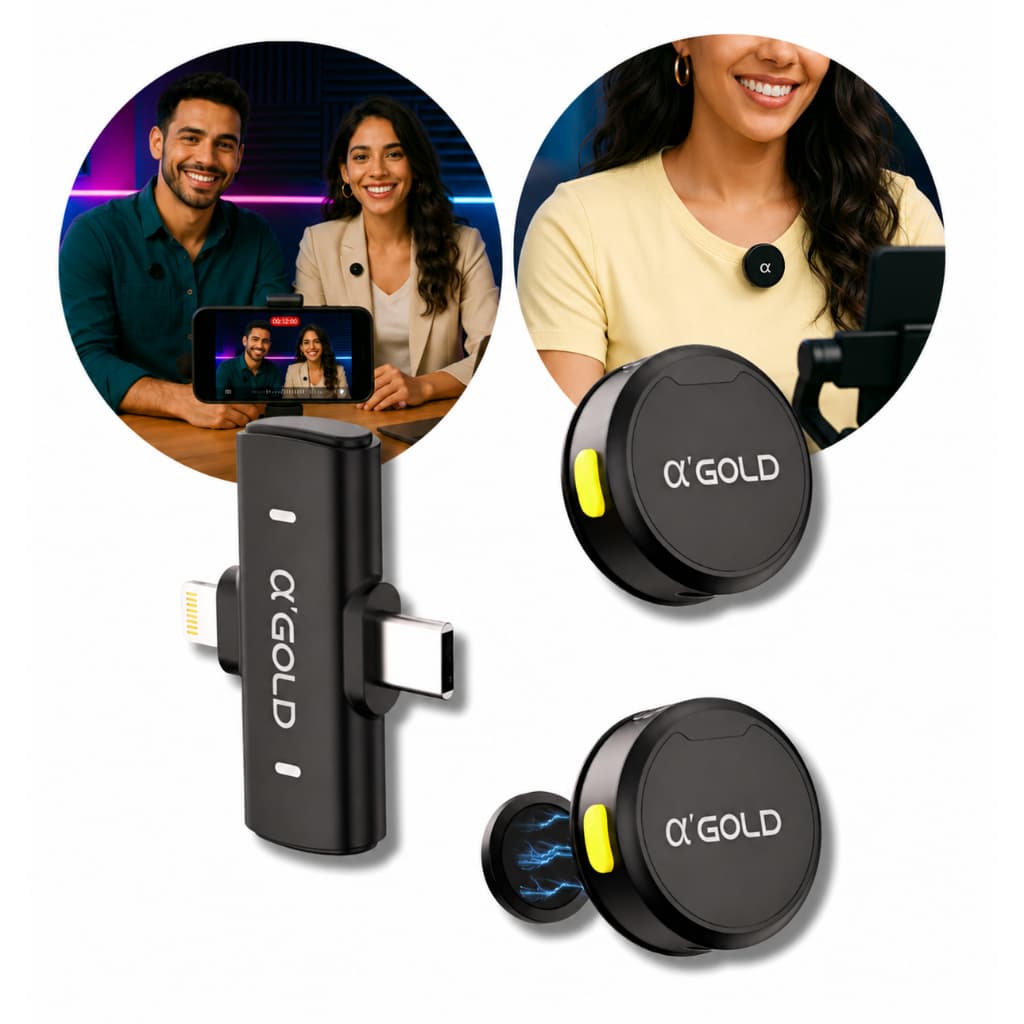 Microfone Lapela Sem Fio αGold MCF-38D 2em1 com iOS e Android Cancelamento Ruído Live Gravação