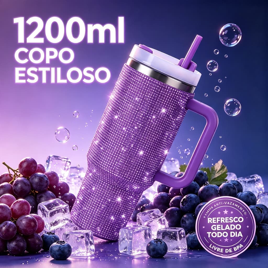 Copo Térmico Inox 1200ml com Strass Brilhante Alça Tampa e Canudo Metal Luxo