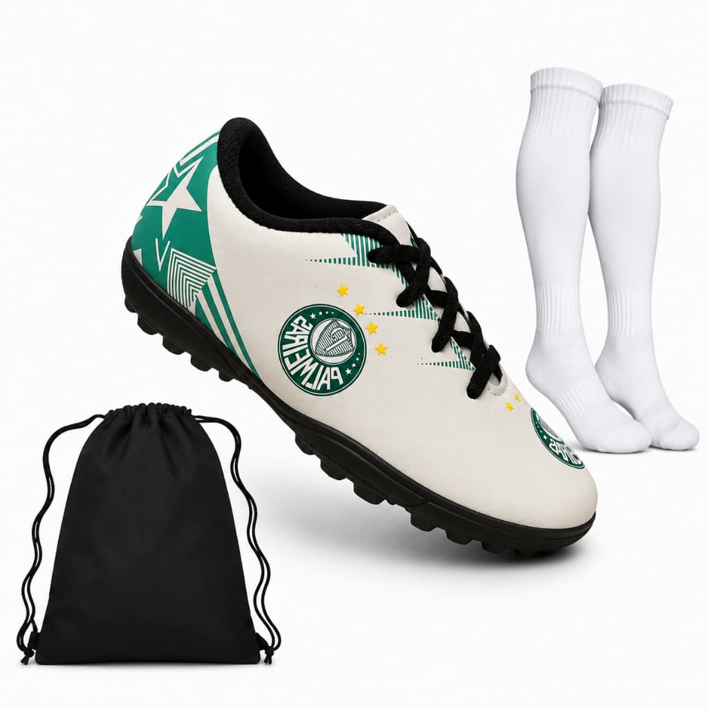 Kit Chuteira Infantil Society Verdão Elite + Meião + Mochila | Confortável | Tam. 28 ao 36