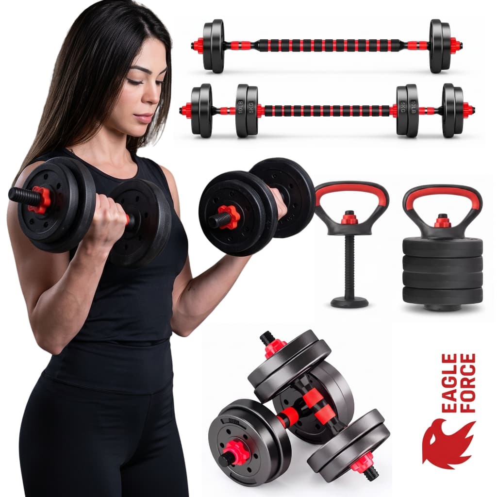 Kit Halteres Barra Kettlebell 6 em 1 Peso Musculação treino em casa Anilhas Supino Ajustável