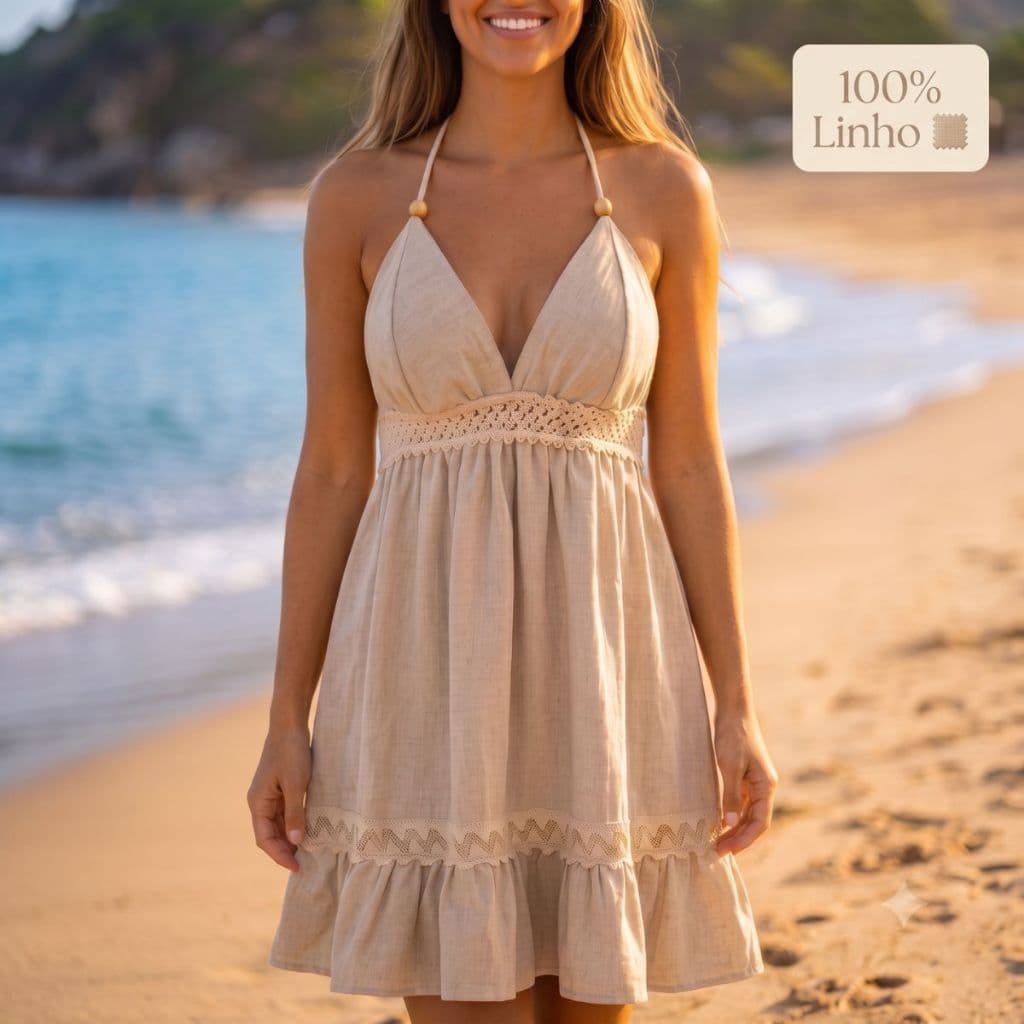 Vestido Curto Praia Linho Soltinho Bojo Alcinha Rodado
