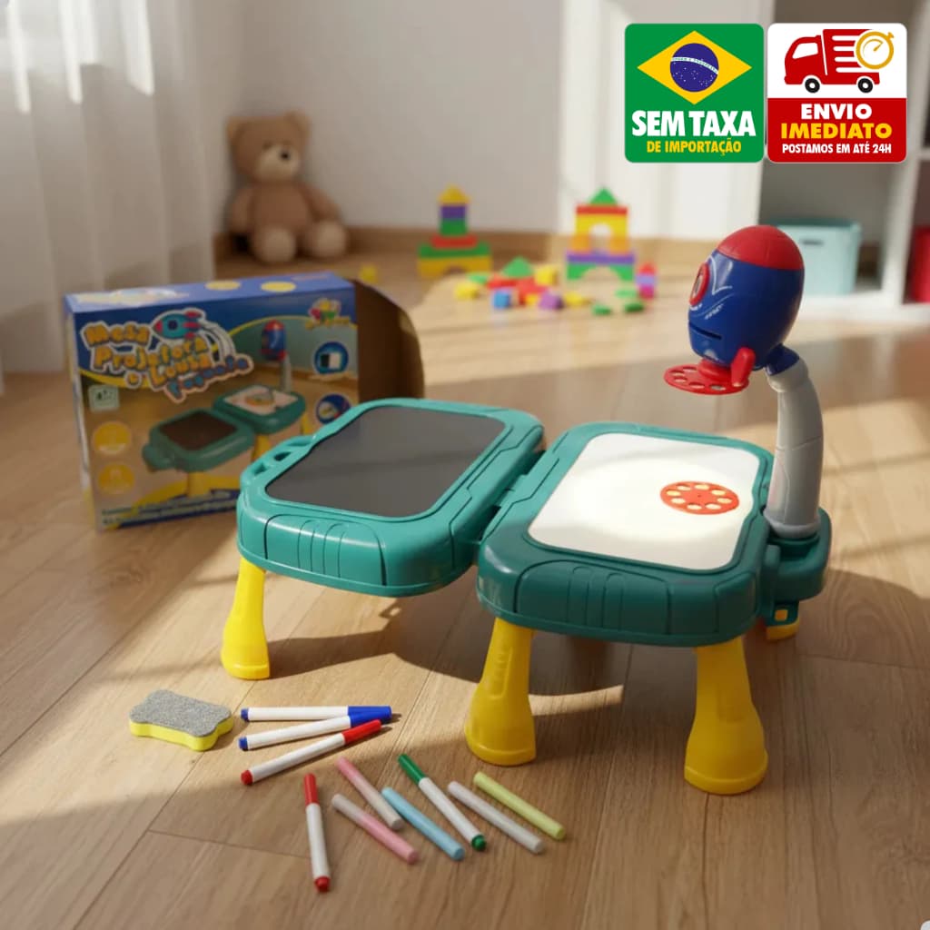 Mesa Projetora Infantil 2 em 1 Lousa Mágica LED e Lousa Giz Maleta Educativa Azul ou Rosa