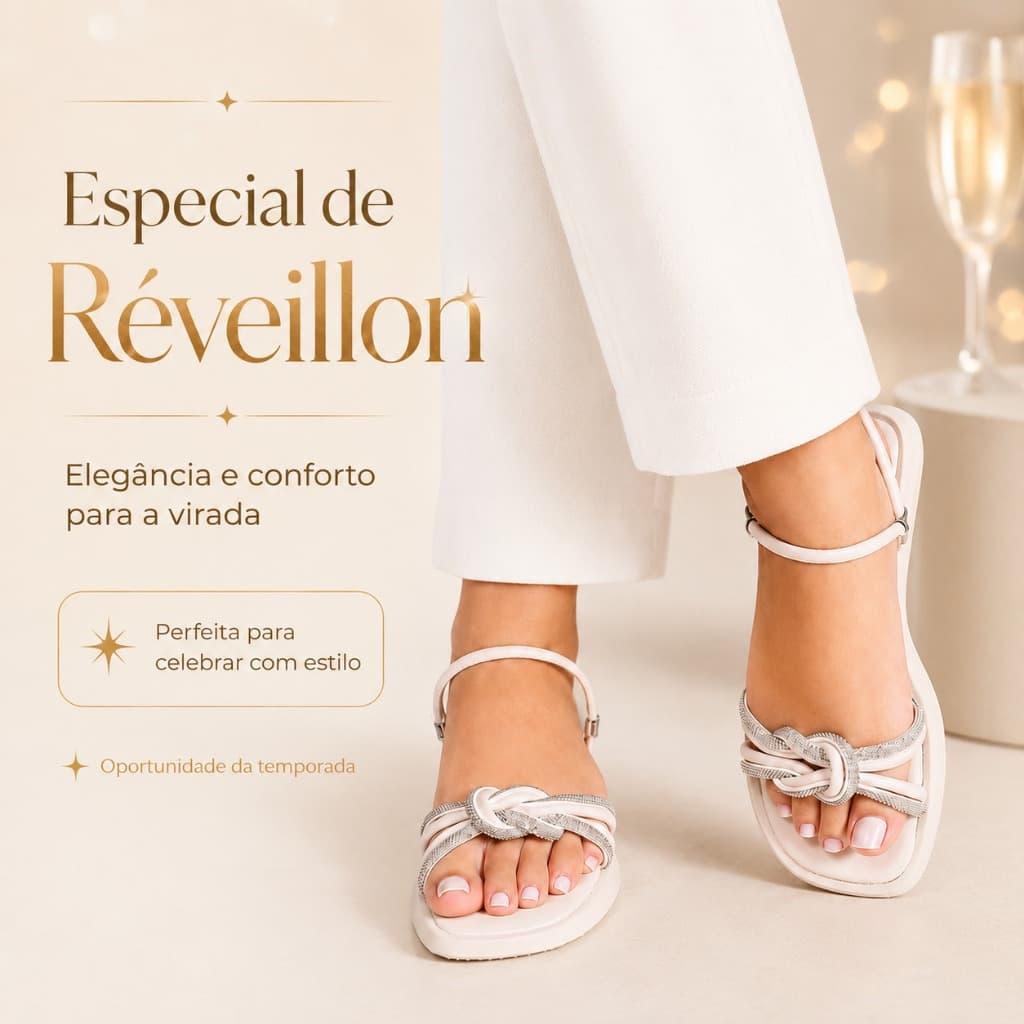 Sandália Rasteira Feminina Branca para Réveillon Confortável com Brilho Promoção Especial de Ano Novo Oferta Imperdível!