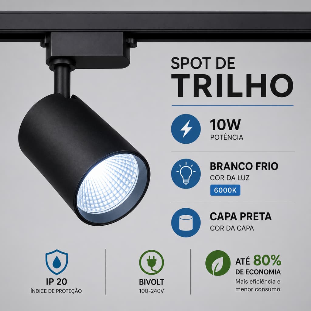 Kit Trilho Eletrificado Branco / Preto com  Spots W Branco Frio / Branco Quente 10W Mayler Spots DirecionáveisKit Trilho