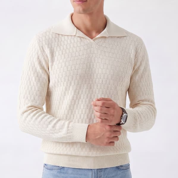 Blusa Tricô Gola Polo Masculina Manga Longa Texturizada Gola V Macio Confortavel Toque Premium Não Pinica Outono Inverno