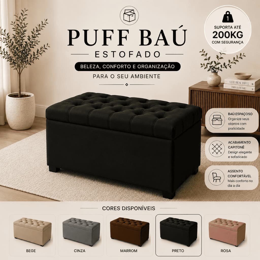 PUFF BAÚ CAPITONÊ 90CM ESTOFADO EM SUEDE ORGANIZADOR MULTIUSO PORTA ROUPAS SAPATOS BRINQUEDO PREMIUM