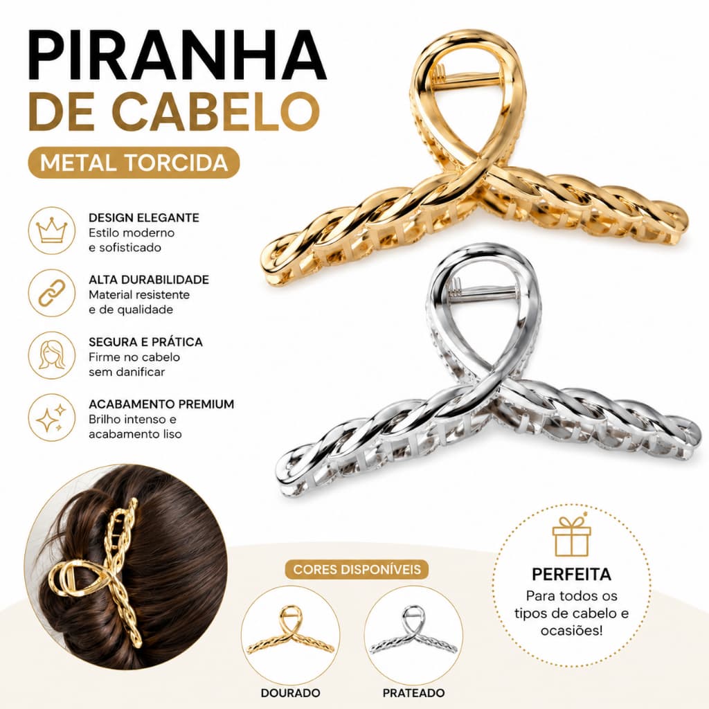 Presilha Piranha de Cabelo Metal Torcida Dourada Prata Elegante Feminina Antiderrapante