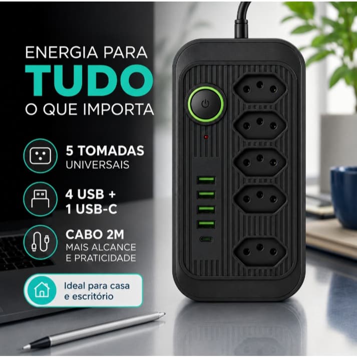 Filtro De Linha E Extensão Elétrica Régua Com 5 tomadas, 4 Entradas USB e 1 Entrada USB-C Bivolt 2 Metros Cabo Reforçado